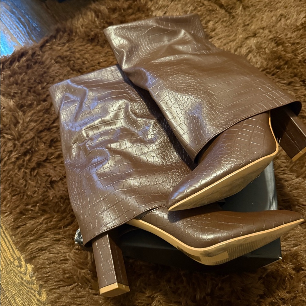 Fashion Nova Brown Croc-Patterned Heeled Boots